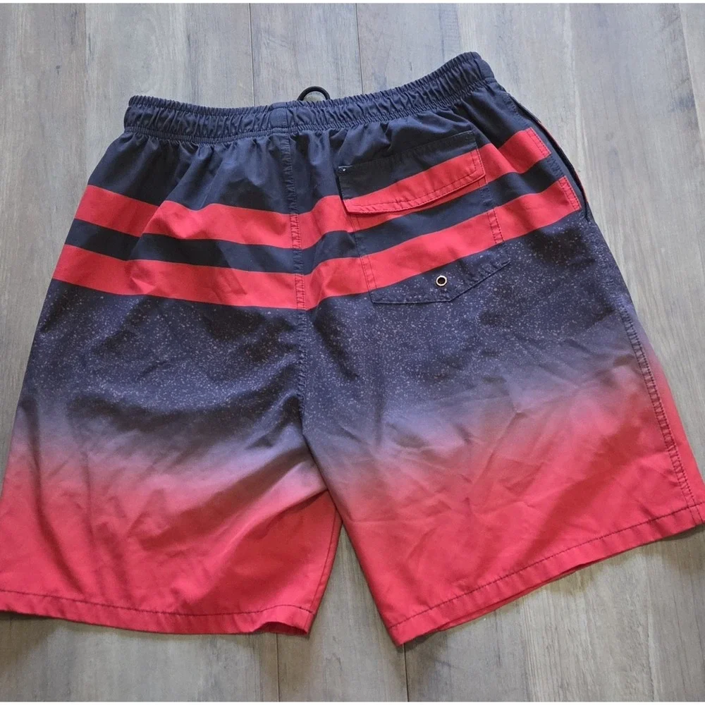 Milankerr Black & Red Striped Lined Swim Trunks Men L